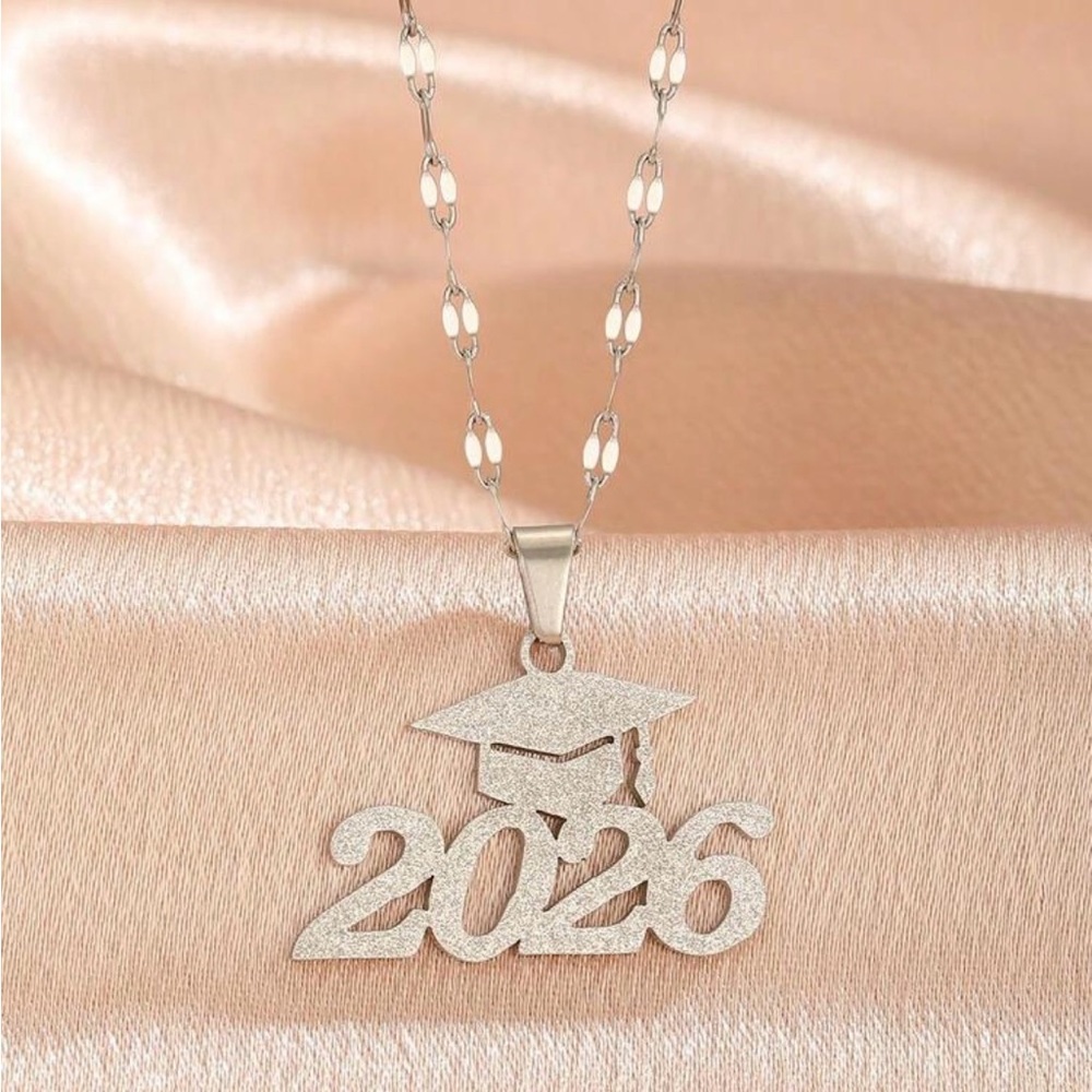 2026 Graduation Necklace | 18K White Gold Plated Stainless Steel Grad Cap